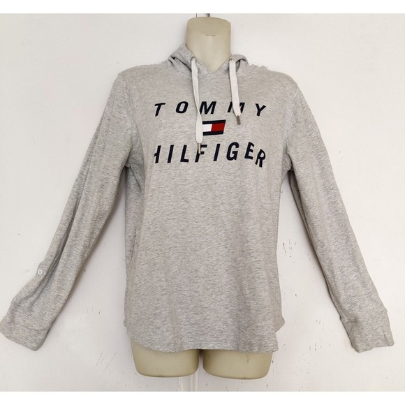 Tommy Hilfiger Hooded Sweatshirt Gray Pullover Logo Lettering Women's Size Med - Picture 1 of 7